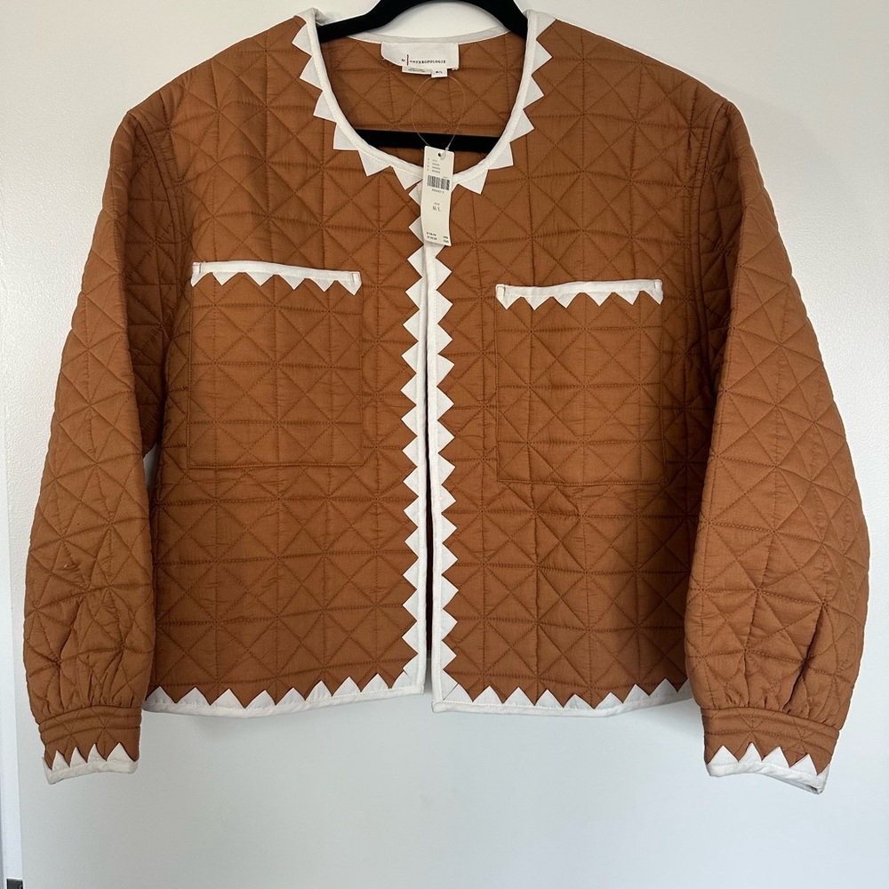 Anthropologie Brown Quilted Jacket with White Trim